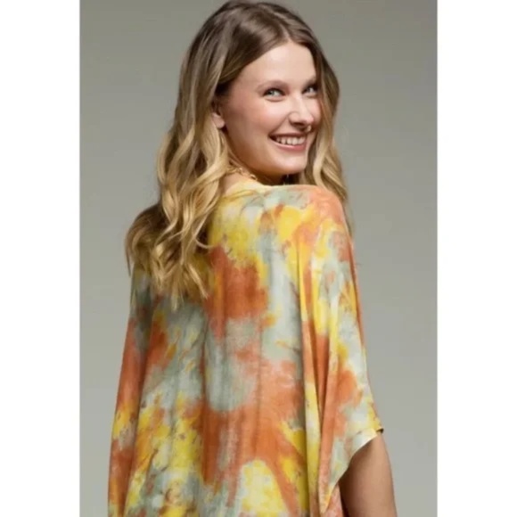Sunrise Watercolor Tie Dye Boho Kimono Wrap Top - Picture 4 of 5
